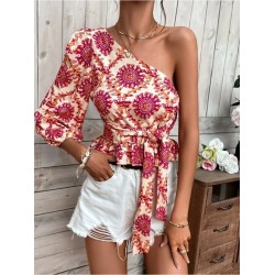 One Shoulder Printed Puff Sleeve Ladies Top