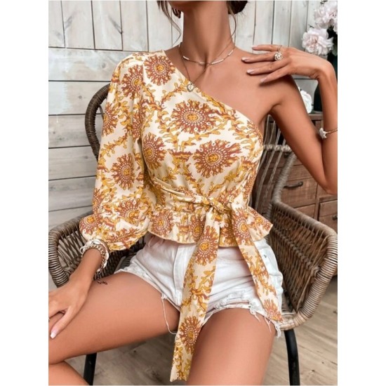 One Shoulder Printed Puff Sleeve Ladies Top