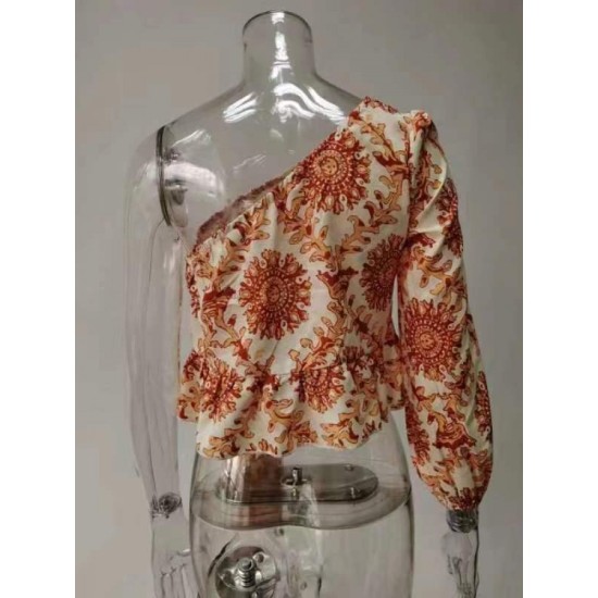 One Shoulder Printed Puff Sleeve Ladies Top