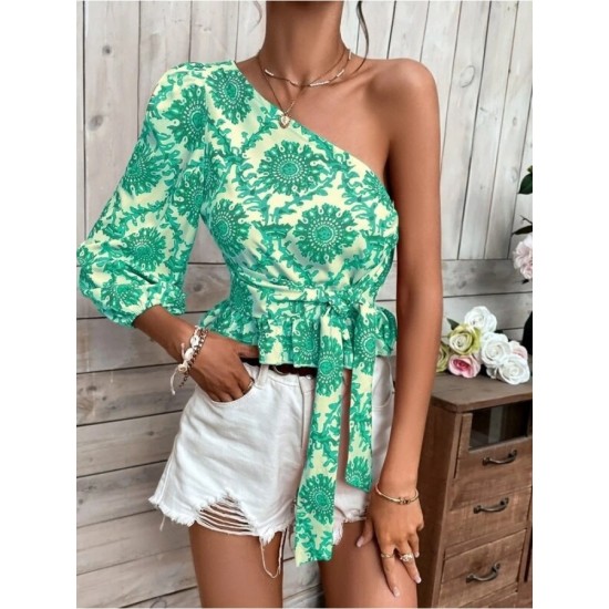 One Shoulder Printed Puff Sleeve Ladies Top