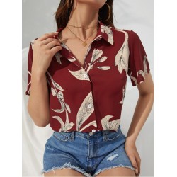 Red Printing Short Sleeve Ladies Blouse For Summer