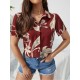 Red Printing Short Sleeve Ladies Blouse For Summer