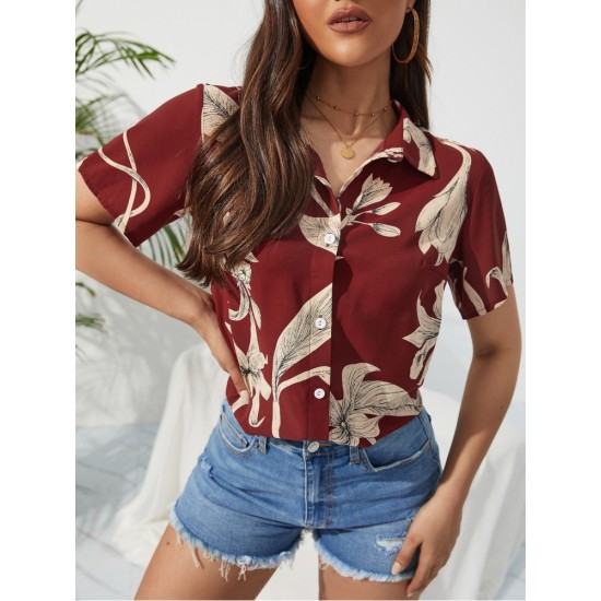 Red Printing Short Sleeve Ladies Blouse For Summer