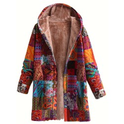 Plus Size Bohemian Chic Coat – Warm Fleece Lined with Colorful Patchwork Print, Long Sleeve Button Up Hooded Tunic for Women – Complete with Handy Pockets