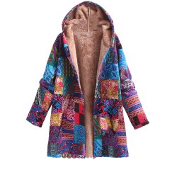 Plus Size Bohemian Chic Coat – Warm Fleece Lined with Colorful Patchwork Print, Long Sleeve Button Up Hooded Tunic for Women – Complete with Handy Pockets