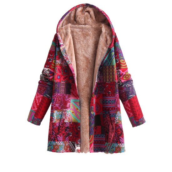 Plus Size Bohemian Chic Coat – Warm Fleece Lined with Colorful Patchwork Print, Long Sleeve Button Up Hooded Tunic for Women – Complete with Handy Pockets