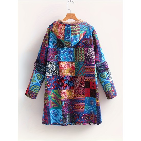 Plus Size Bohemian Chic Coat – Warm Fleece Lined with Colorful Patchwork Print, Long Sleeve Button Up Hooded Tunic for Women – Complete with Handy Pockets