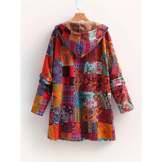 Plus Size Bohemian Chic Coat – Warm Fleece Lined with Colorful Patchwork Print, Long Sleeve Button Up Hooded Tunic for Women – Complete with Handy Pockets