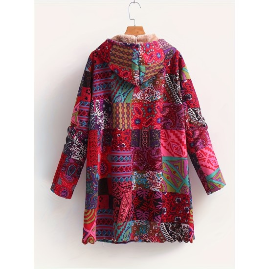 Plus Size Bohemian Chic Coat – Warm Fleece Lined with Colorful Patchwork Print, Long Sleeve Button Up Hooded Tunic for Women – Complete with Handy Pockets