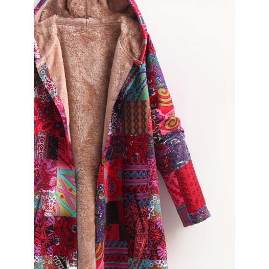 Plus Size Bohemian Chic Coat – Warm Fleece Lined with Colorful Patchwork Print, Long Sleeve Button Up Hooded Tunic for Women – Complete with Handy Pockets