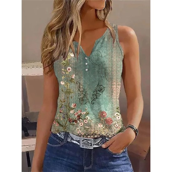 Tank Top White Red Blue Floral Button Print Short Sleeve Casual Holiday Basic V Neck Regular Floral S