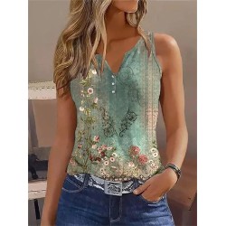 Tank Top White Red Blue Floral Button Print Short Sleeve Casual Holiday Basic V Neck Regular Floral S