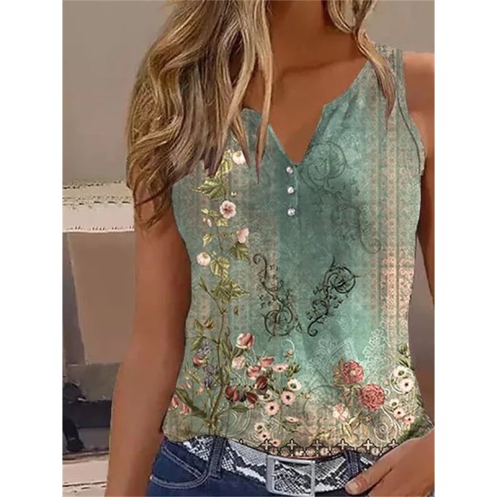 Tank Top White Red Blue Floral Button Print Short Sleeve Casual Holiday Basic V Neck Regular Floral S