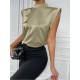 Sleeveless Pure Color Mock Neck Ladies Blouse