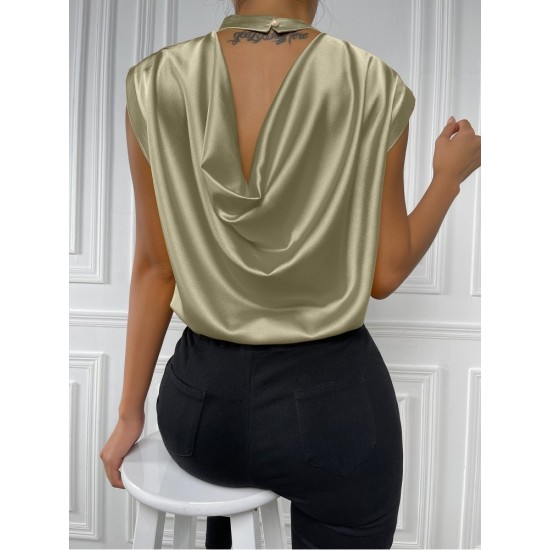 Sleeveless Pure Color Mock Neck Ladies Blouse