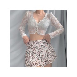 Sexy Transparent Lace Puff Sleeve Cropped Tops