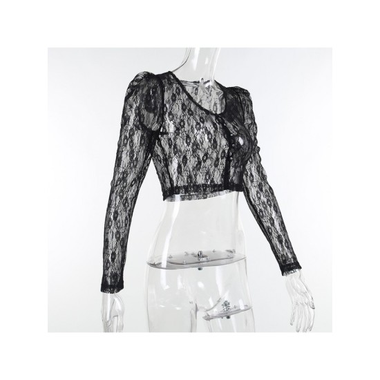 Sexy Transparent Lace Puff Sleeve Cropped Tops