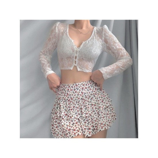 Sexy Transparent Lace Puff Sleeve Cropped Tops