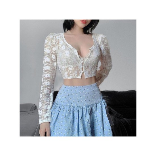 Sexy Transparent Lace Puff Sleeve Cropped Tops