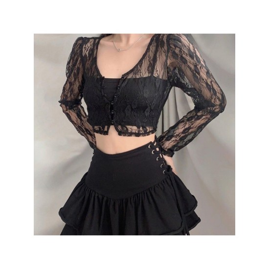 Sexy Transparent Lace Puff Sleeve Cropped Tops