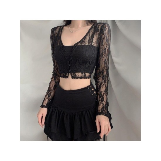 Sexy Transparent Lace Puff Sleeve Cropped Tops