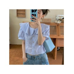 Striped Patchwork Doll Collar Blouse