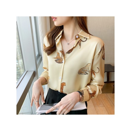 2022 Leopard Print Long Sleeve Satin Blouse