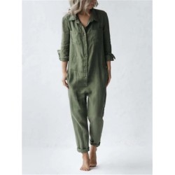 Jumpsuit Button Pocket Solid Color Shirt Collar Basic Street Daily Regular Fit Long Sleeve Green S M L Summer