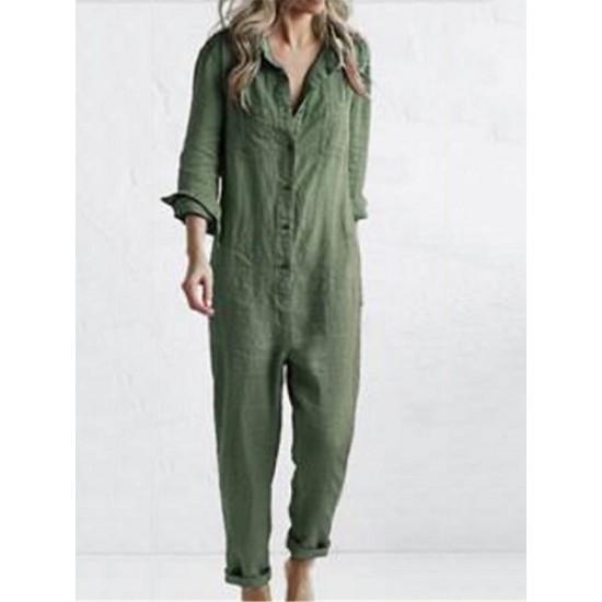 Jumpsuit Button Pocket Solid Color Shirt Collar Basic Street Daily Regular Fit Long Sleeve Green S M L Summer