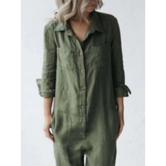 Jumpsuit Button Pocket Solid Color Shirt Collar Basic Street Daily Regular Fit Long Sleeve Green S M L Summer