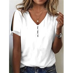 T shirt Tee White Pink Blue Plain Button Cut Out Short Sleeve Daily Weekend Basic V Neck Regular S