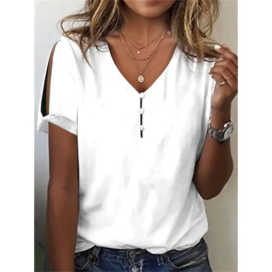 T shirt Tee White Pink Blue Plain Button Cut Out Short Sleeve Daily Weekend Basic V Neck Regular S