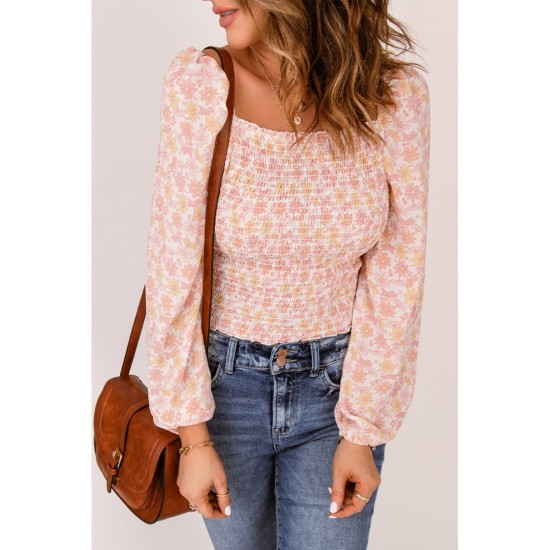 Fall Ladies Square Neck Floral Puff Sleeve Blouse