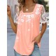 T shirt Tee White Pink Blue Floral Lace Print Short Sleeve Holiday Weekend Basic Square Neck Regular Floral Painting S