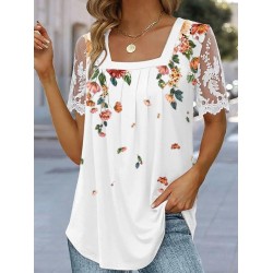 T shirt Tee White Pink Blue Floral Lace Print Short Sleeve Holiday Weekend Basic Square Neck Regular Floral Painting S