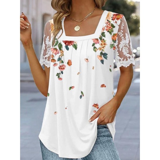 T shirt Tee White Pink Blue Floral Lace Print Short Sleeve Holiday Weekend Basic Square Neck Regular Floral Painting S