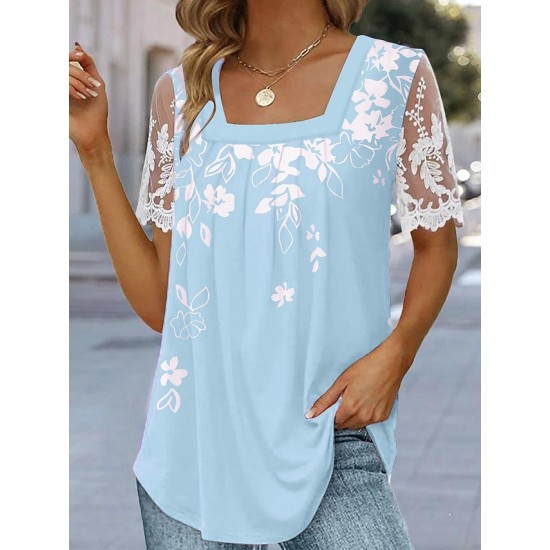 T shirt Tee White Pink Blue Floral Lace Print Short Sleeve Holiday Weekend Basic Square Neck Regular Floral Painting S