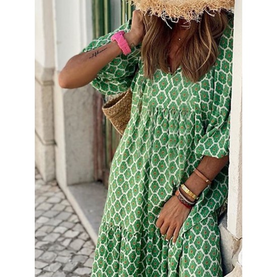 Long Dress Maxi Dress Green 3/4 Length Sleeve Geometric Patchwork Fall Autumn V Neck Loose Fit 2023 S M L XL