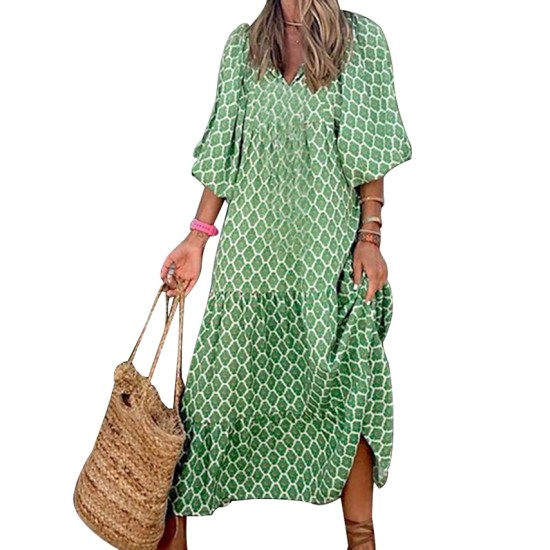 Long Dress Maxi Dress Green 3/4 Length Sleeve Geometric Patchwork Fall Autumn V Neck Loose Fit 2023 S M L XL