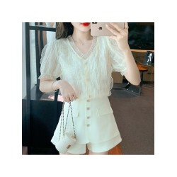 Summer New Puff Sleeve V-Neck Lace Blouse