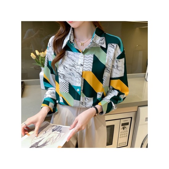 2022 Geometric Printing Women’s Long Sleeve Shirt Top