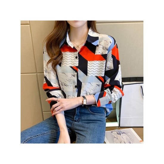 2022 Geometric Printing Women’s Long Sleeve Shirt Top