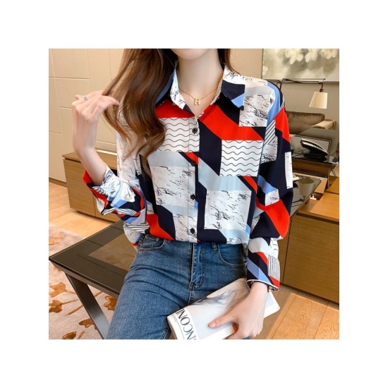 2022 Geometric Printing Women’s Long Sleeve Shirt Top