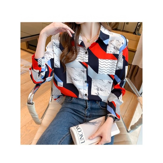 2022 Geometric Printing Women’s Long Sleeve Shirt Top