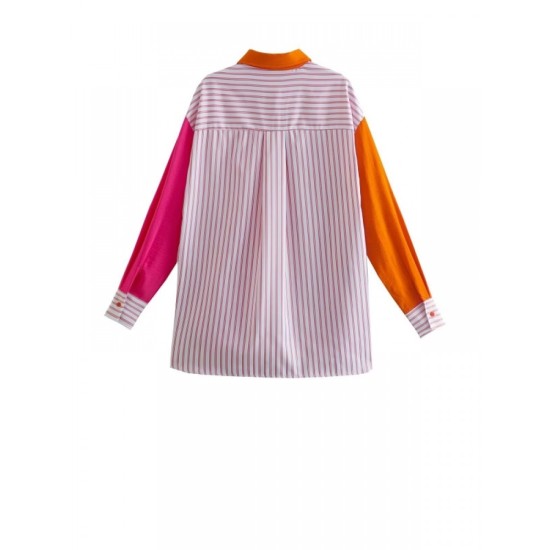 Stylish Contrast Color Striped Long Sleeve Blouses