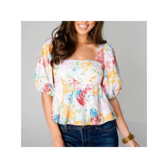 Bohemian Style Patchwork Square Neck Puff Sleeve Blouse