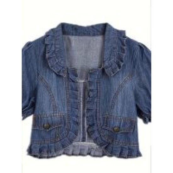 Plain Dark Washed Blue Cute Ruffled Trim Puff Sleeve Cropped Denim Jacket, Women Denim Jeans & Clothing – Mallcopilot fashion women's clothings and shoes outlet factory store