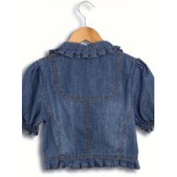 Plain Dark Washed Blue Cute Ruffled Trim Puff Sleeve Cropped Denim Jacket, Women Denim Jeans & Clothing – Mallcopilot fashion women's clothings and shoes outlet factory store