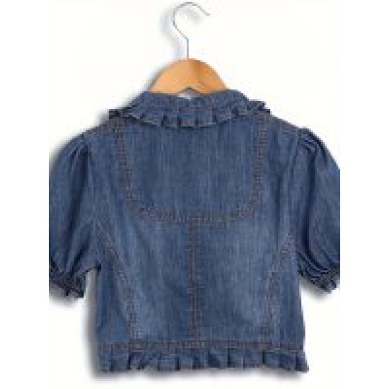 Plain Dark Washed Blue Cute Ruffled Trim Puff Sleeve Cropped Denim Jacket, Women Denim Jeans & Clothing – Mallcopilot fashion women's clothings and shoes outlet factory store