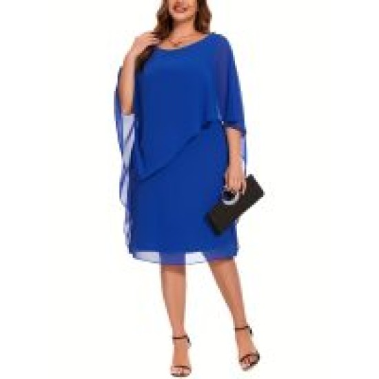 Chiffon Cape Sleeve Bridesmaid Dress, Elegant Crew Neck Loose Fit Asymmetric Dress For Wedding Party, Women Clothing – Mallcopilot fashion women's clothings and shoes outlet factory store